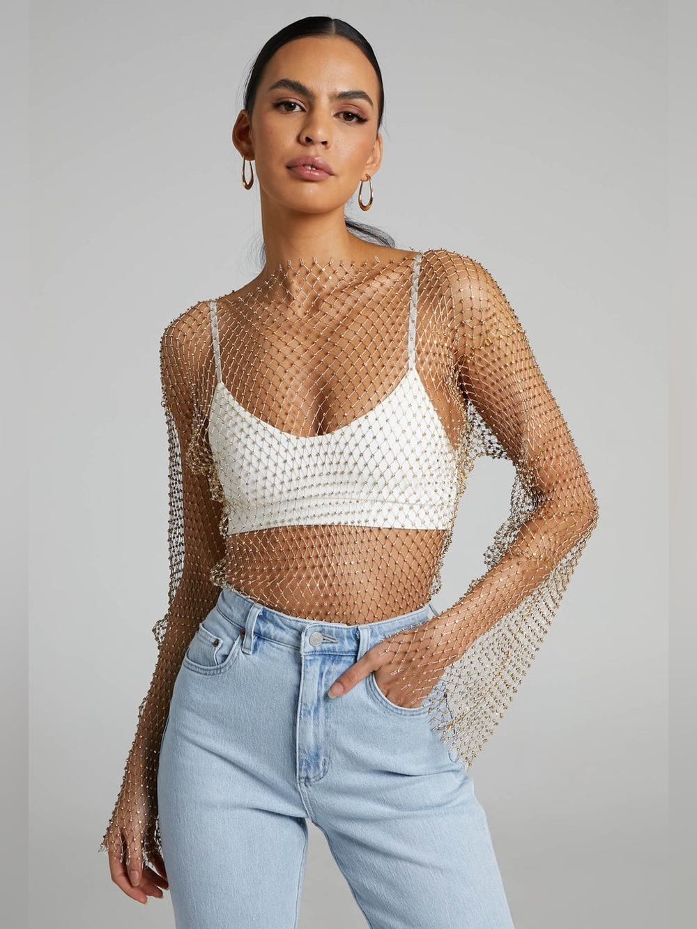 Diamante Mesh Long Sleeve Top In Gold